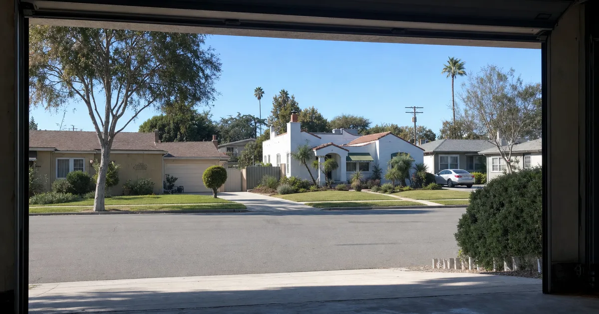 View from inside a garage looking out to a Baldwin Park, CA street — same-day garage door repair